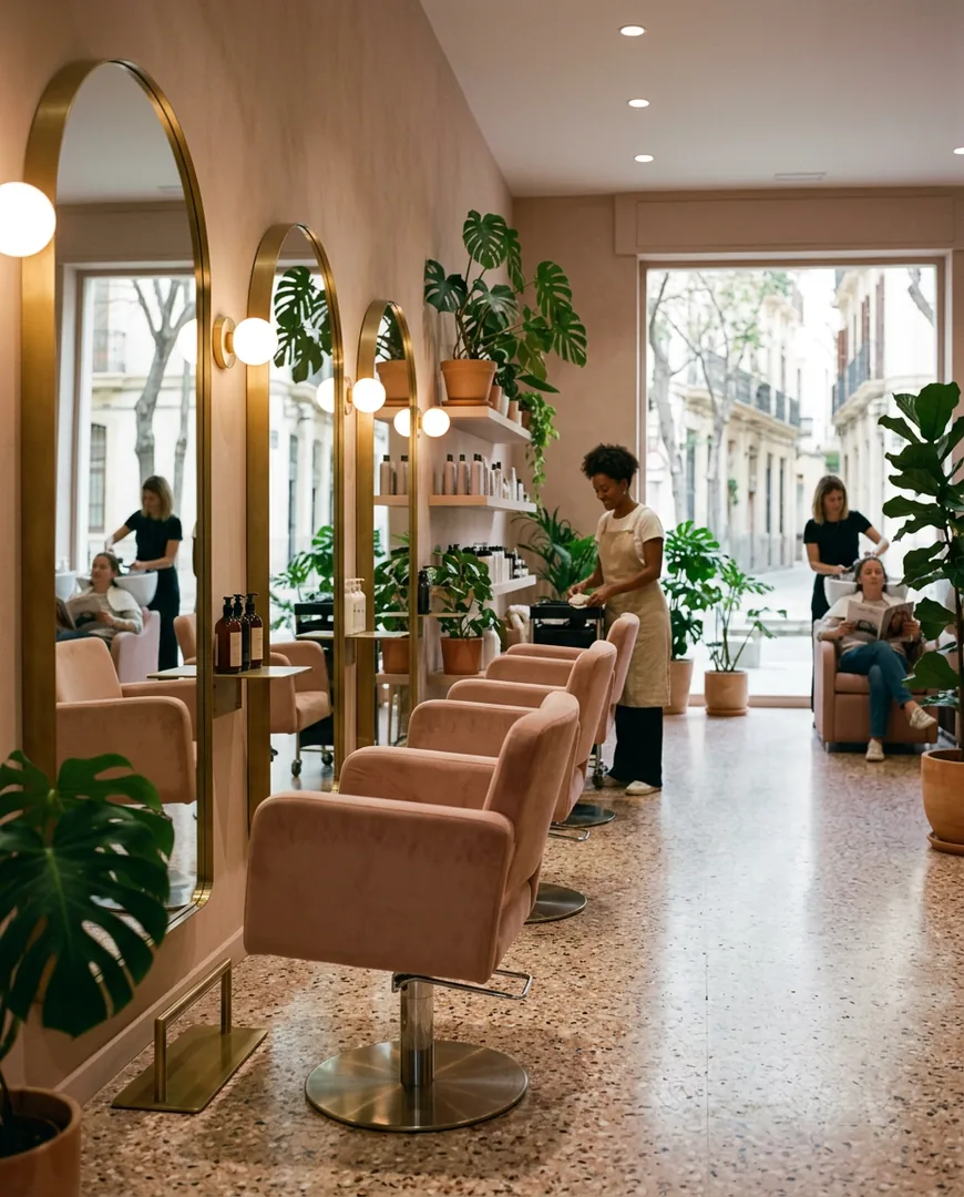 Salon interior on a quiet weekday morning: empty chairs — Studio Nácar, Valencia