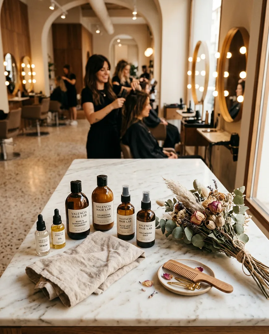 Overhead flat lay of professional haircare bottles — Studio Nácar, Valencia