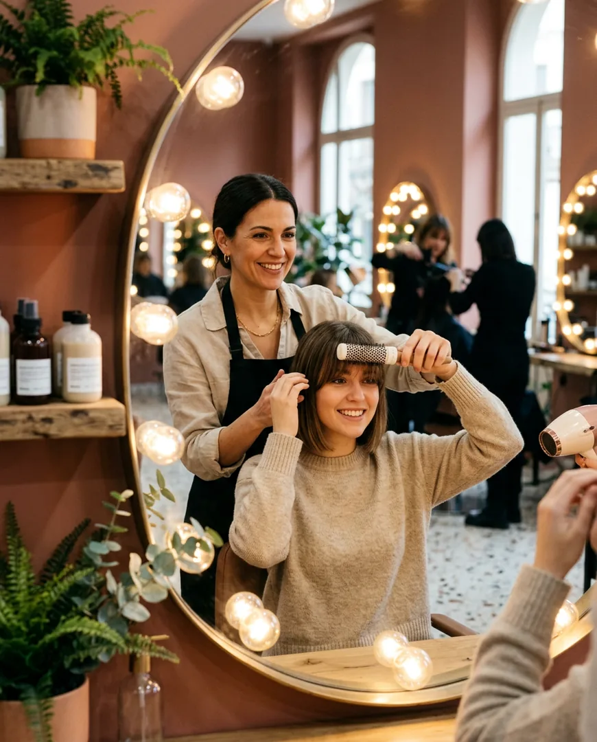 Stylist teaching a client how to style her fringe at home — Studio Nácar, Valencia