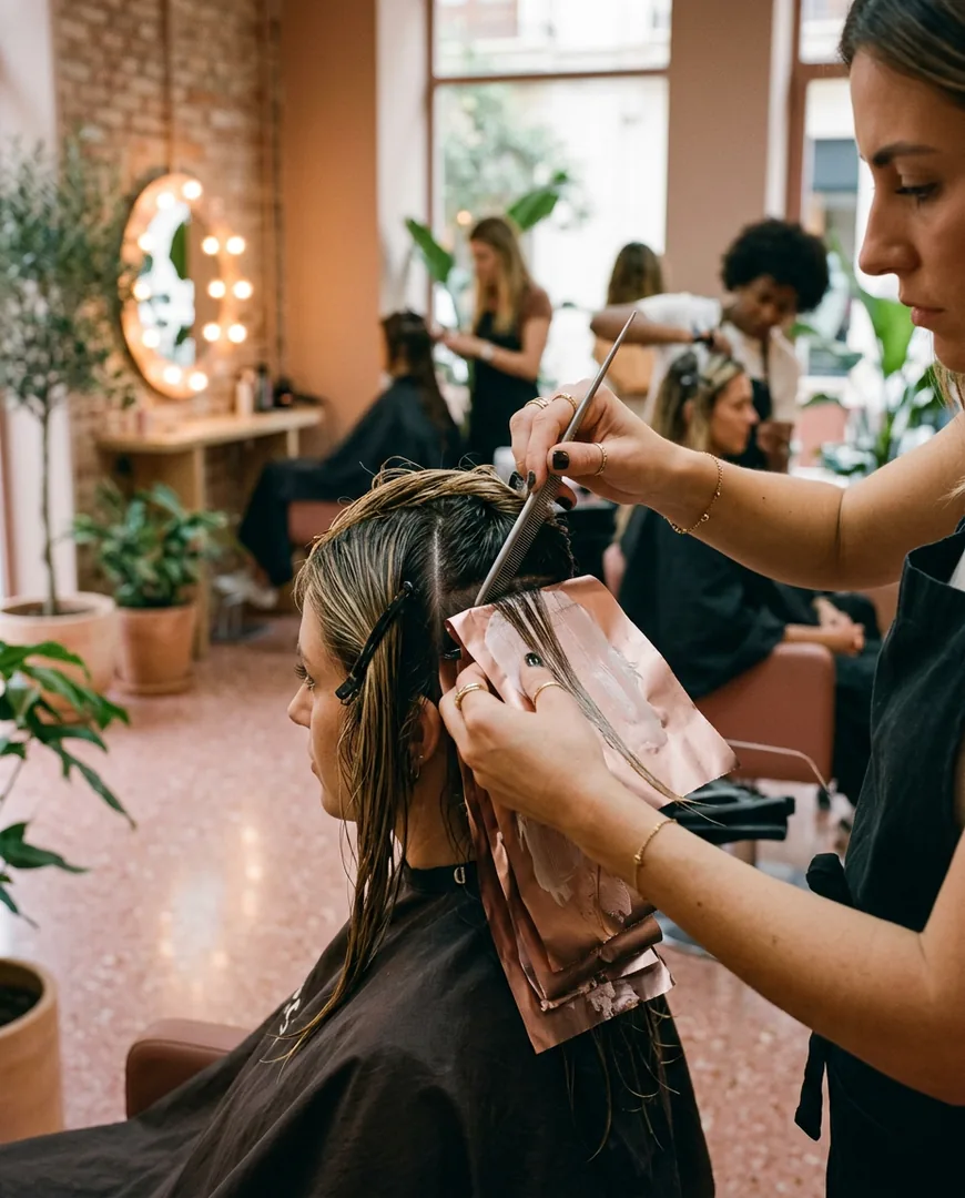 Detail of hands sectioning hair with foils during a colour treatment — Studio Nácar, Valencia