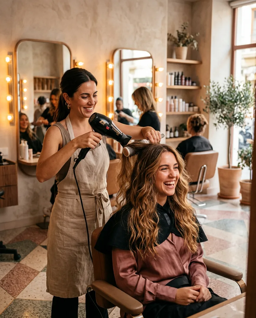 Female stylist blow-drying a delighted client's long hair in a stylish salon with mirrors and warm bulbs — Studio Nácar, Valencia