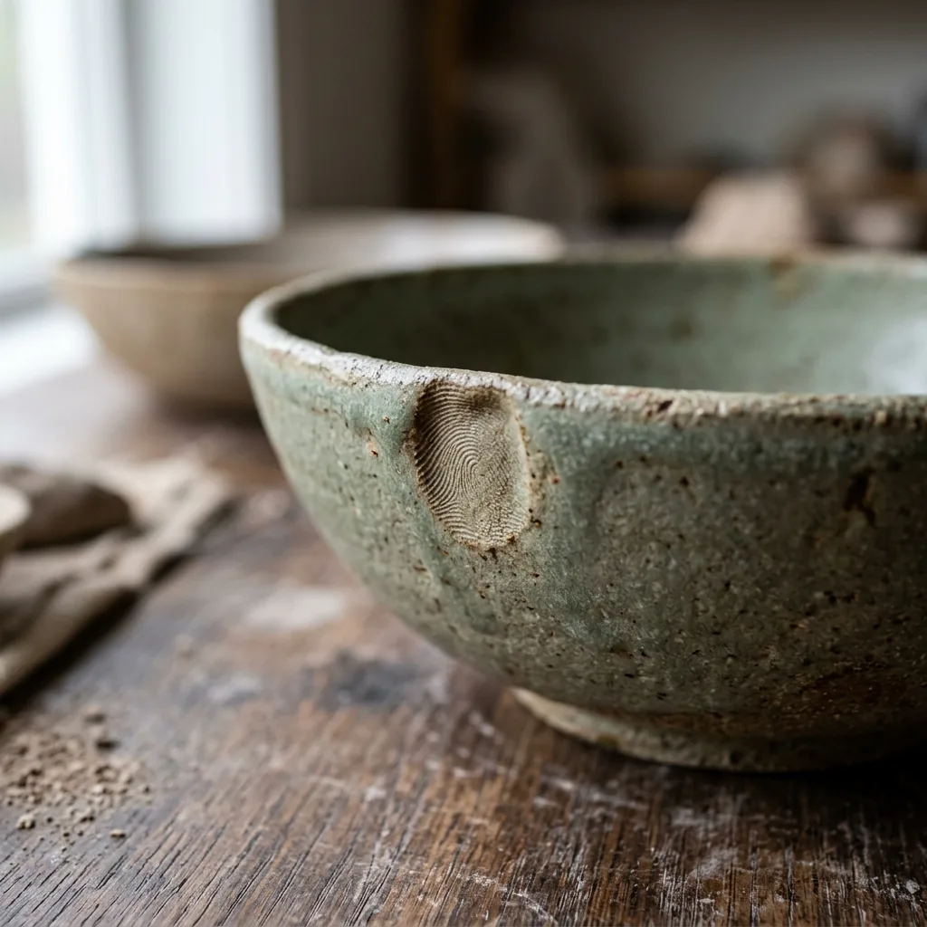 Close-up of a potter's thumbprint on a matte sage-glazed bowl rim — Norte Cerámica, Gijón
