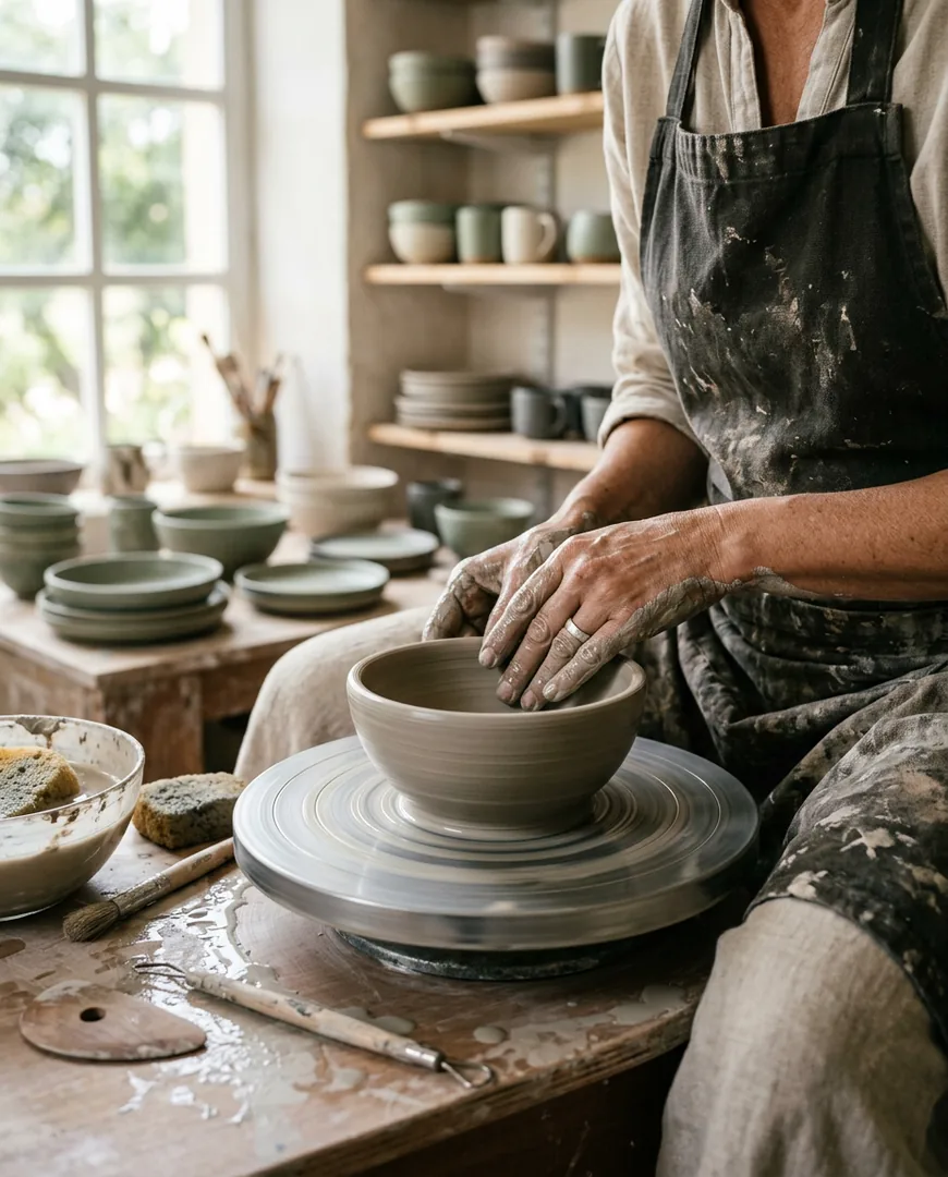 Potter's hands shaping a bowl on a spinning wheel — Norte Cerámica, Gijón