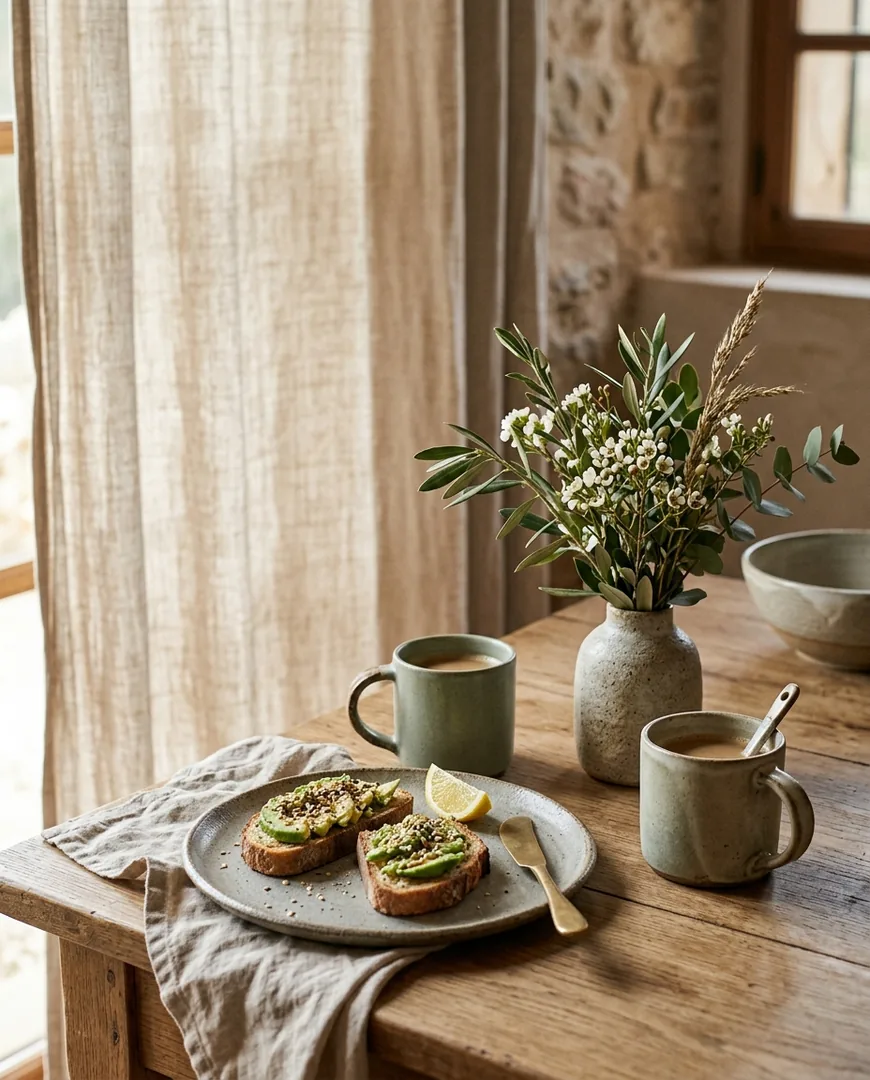 Breakfast table set with stoneware mugs — Norte Cerámica, Gijón