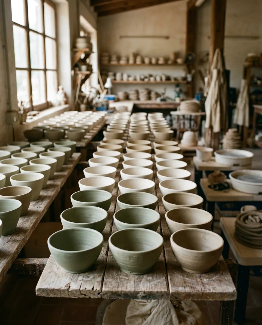 Rows of unfired bowls drying on wooden boards inside a ceramics workshop — Norte Cerámica, Gijón