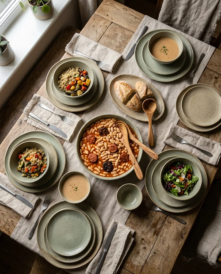 Overhead flat lay of a full dinner service in sand glaze: plates — Norte Cerámica, Gijón