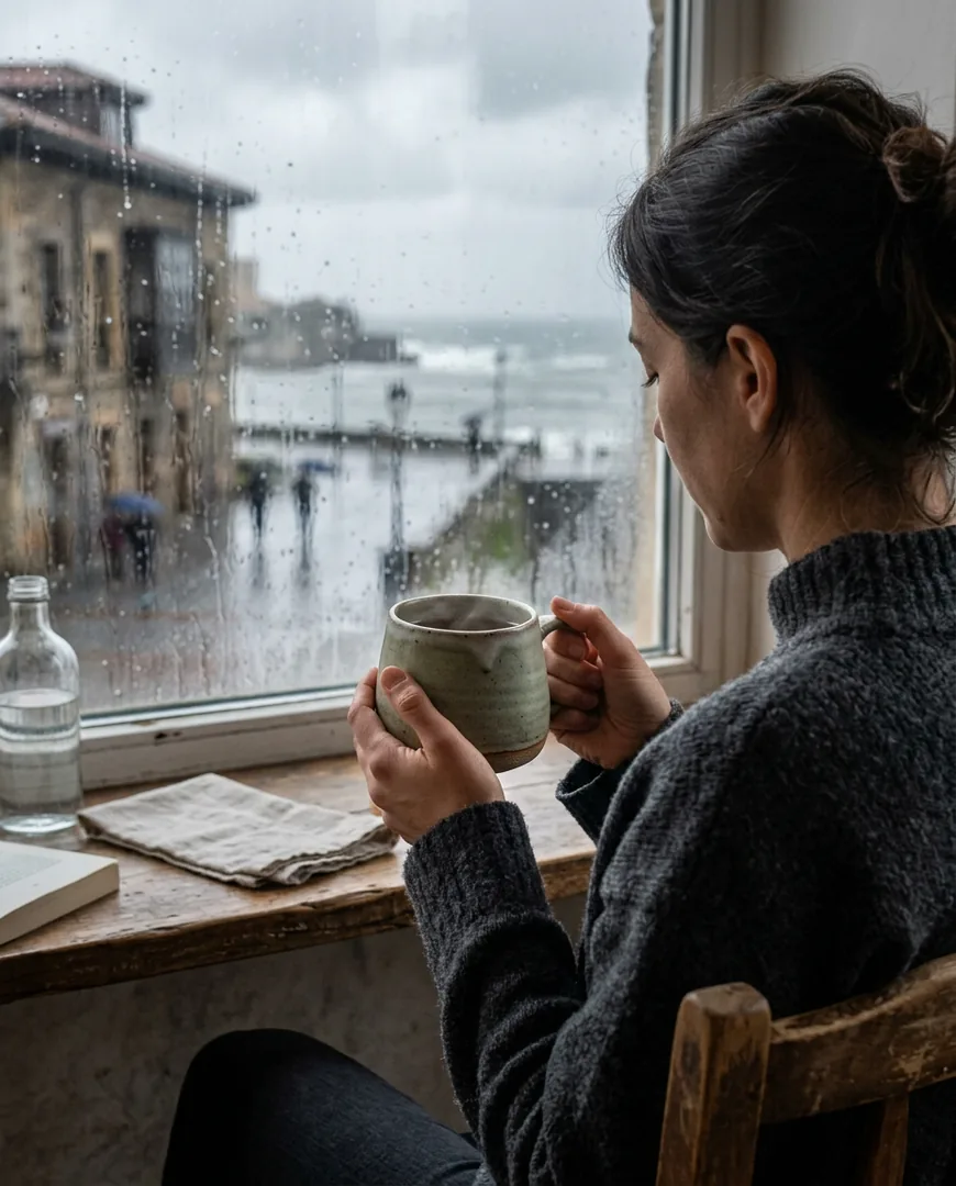 Woman holding a warm stoneware mug with both hands by a rainy window — Norte Cerámica, Gijón