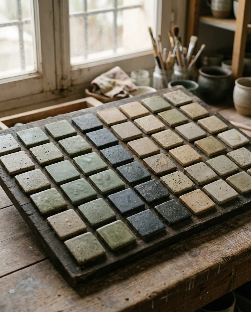 Close-up of a glaze test tile board with many small stoneware samples in sage — Norte Cerámica, Gijón