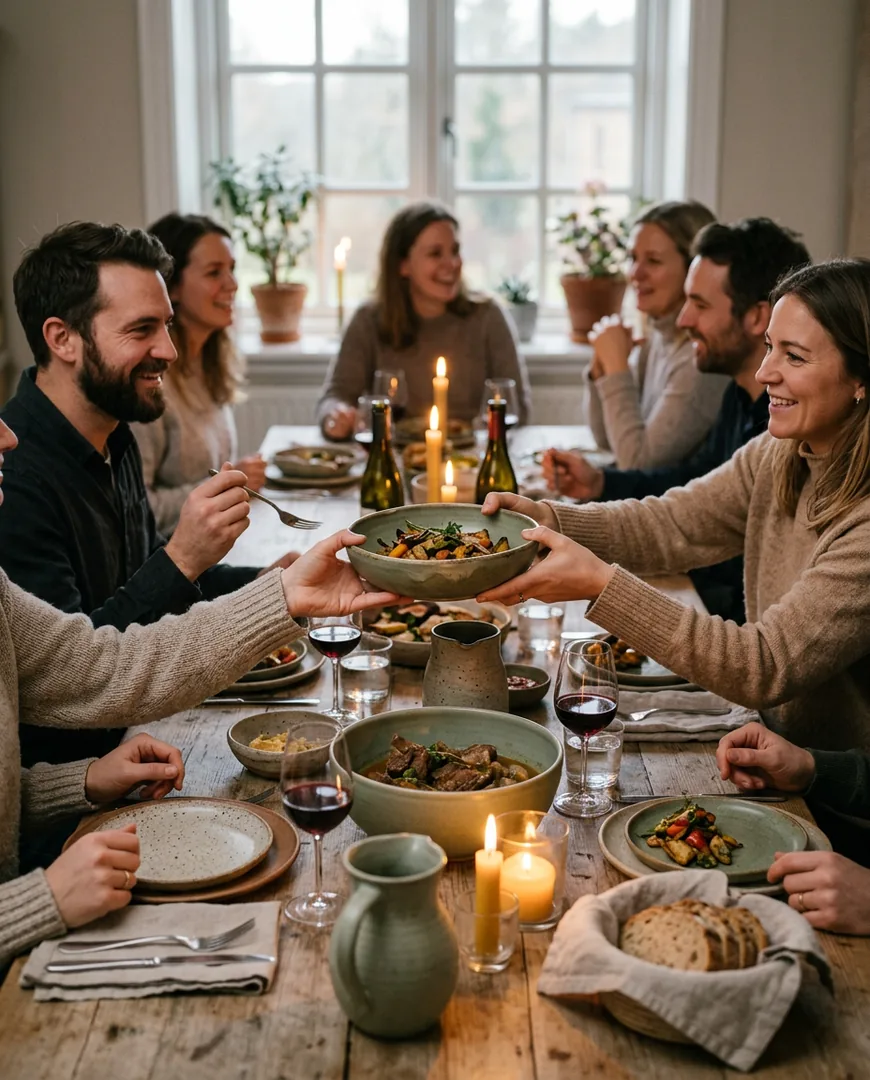 Dinner party table with friends passing stoneware serving bowls — Norte Cerámica, Gijón