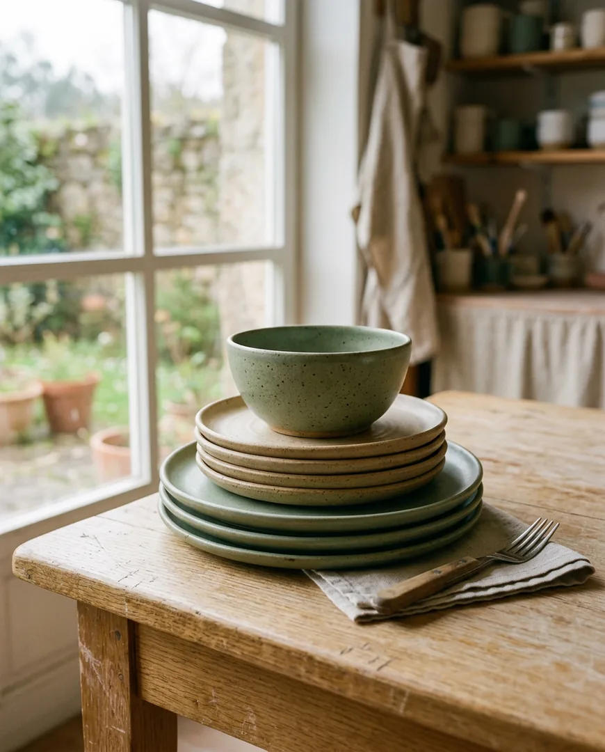 Stack of handmade stoneware plates and bowls in matte sage and sand glazes on a light oak table — Norte Cerámica, Gijón