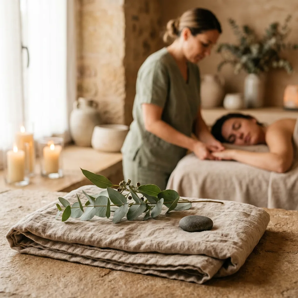 Close-up of a eucalyptus sprig on a folded linen towel with a small stone — Ohana Spa, Málaga