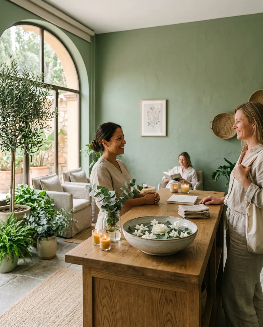 Spa reception with sage green walls — Ohana Spa, Málaga