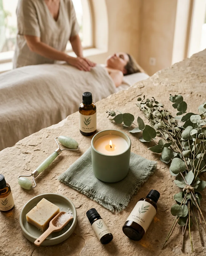 Flat lay of spa products — Ohana Spa, Málaga