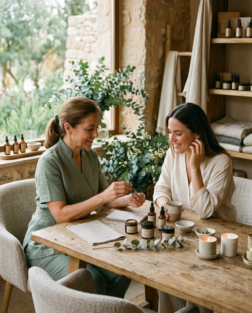 Therapist explaining a skincare routine to a client at a wooden consultation table — Ohana Spa, Málaga