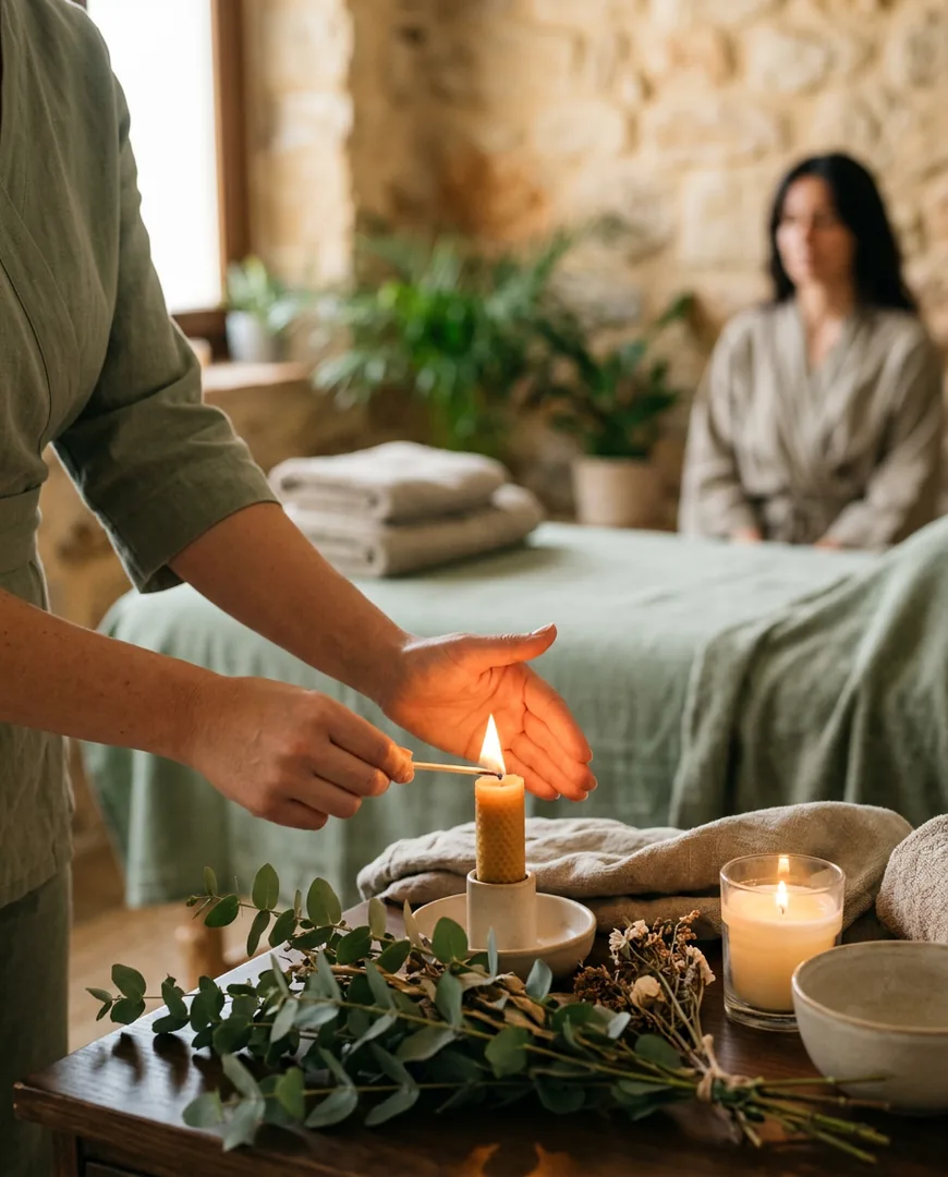 Hands lighting a candle in a treatment room before a session — Ohana Spa, Málaga