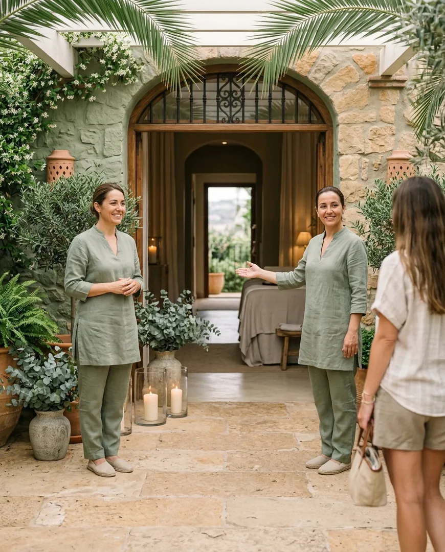Two therapists in linen uniforms standing in the spa entrance — Ohana Spa, Málaga