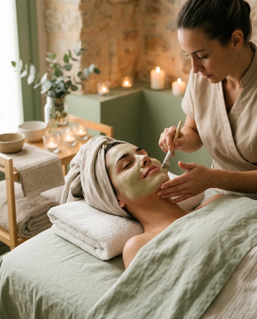 Woman relaxing with eyes closed during a facial treatment while an esthetician applies a mask — Ohana Spa, Málaga