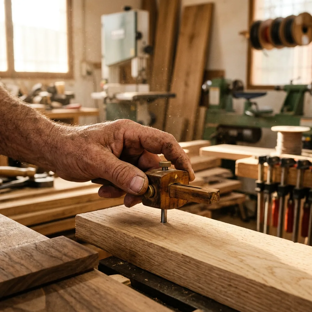 Close-up of a carpenter's hand holding a wooden marking gauge on oak — Taller Bravo, Valladolid