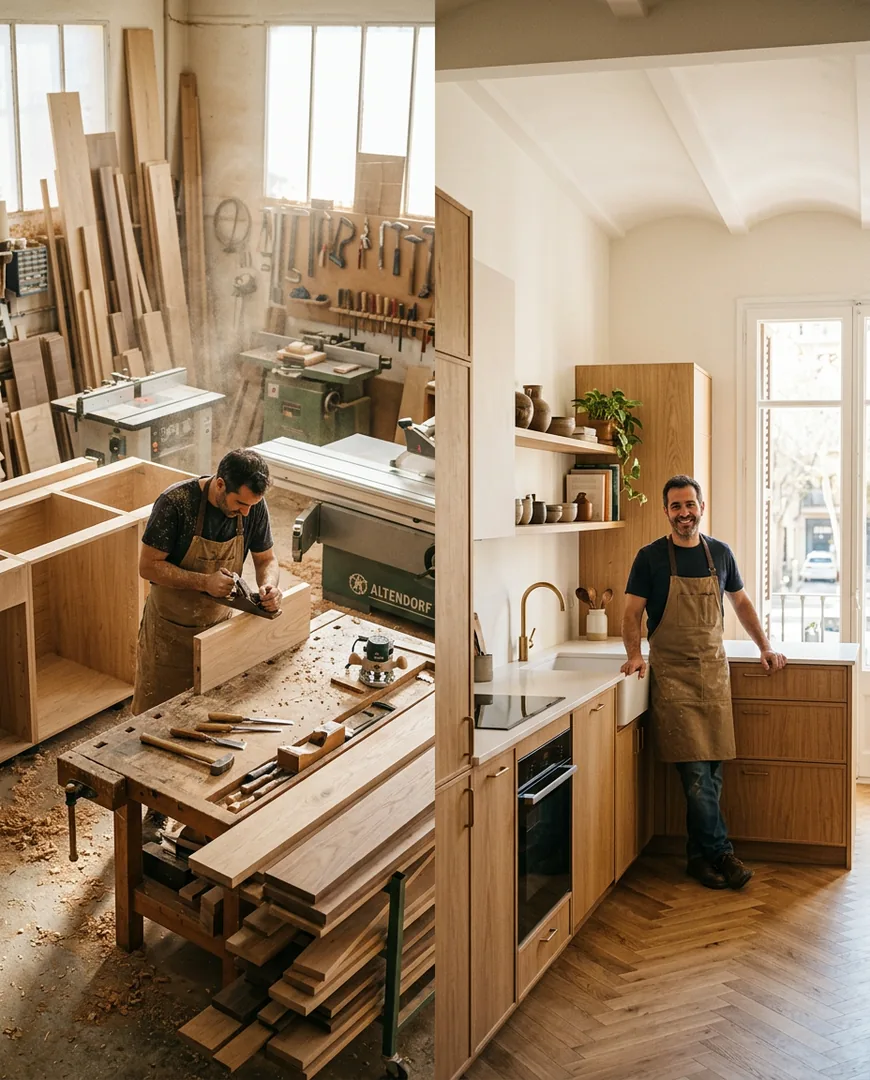 Before and after style shot of a fitted kitchen in oak veneer — Taller Bravo, Valladolid