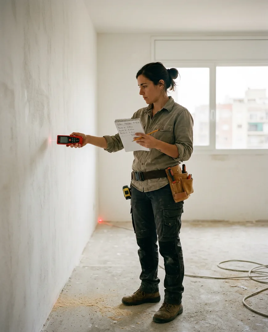Carpenter measuring a wall with a laser measure in a client's empty flat — Taller Bravo, Valladolid