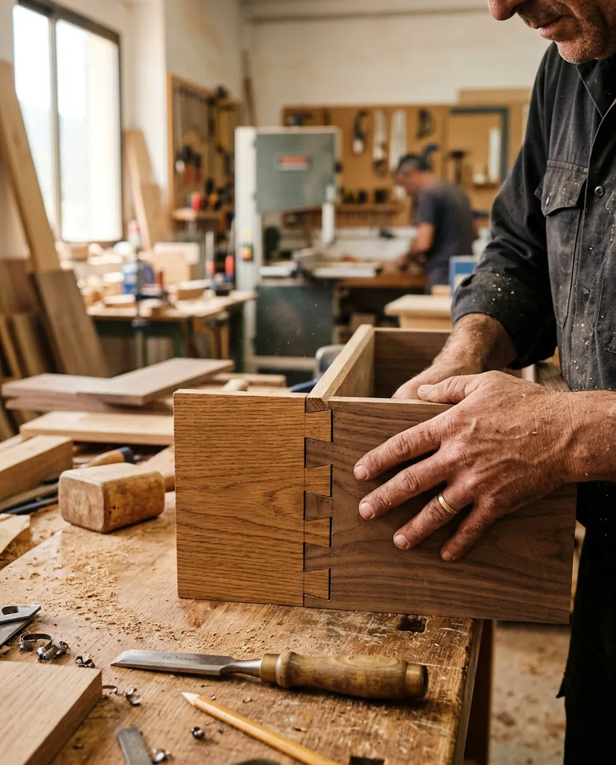 Close-up of dovetail joints being fitted together on a workbench — Taller Bravo, Valladolid