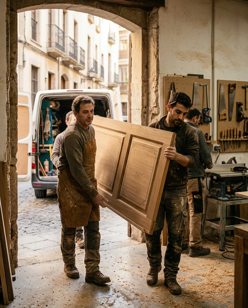 Two carpenters carrying a finished wardrobe door into a building entrance — Taller Bravo, Valladolid