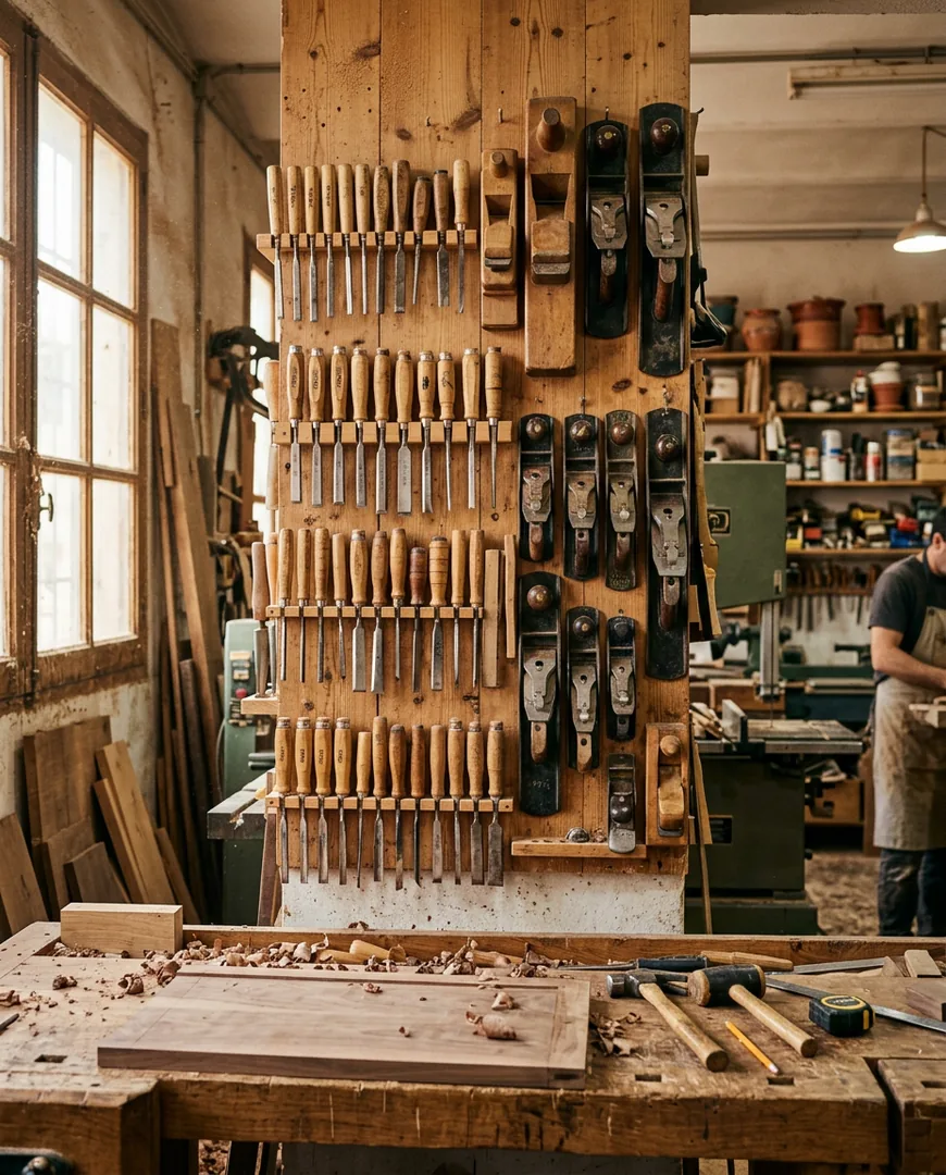Workshop wall of chisels and hand planes neatly arranged above a workbench — Taller Bravo, Valladolid