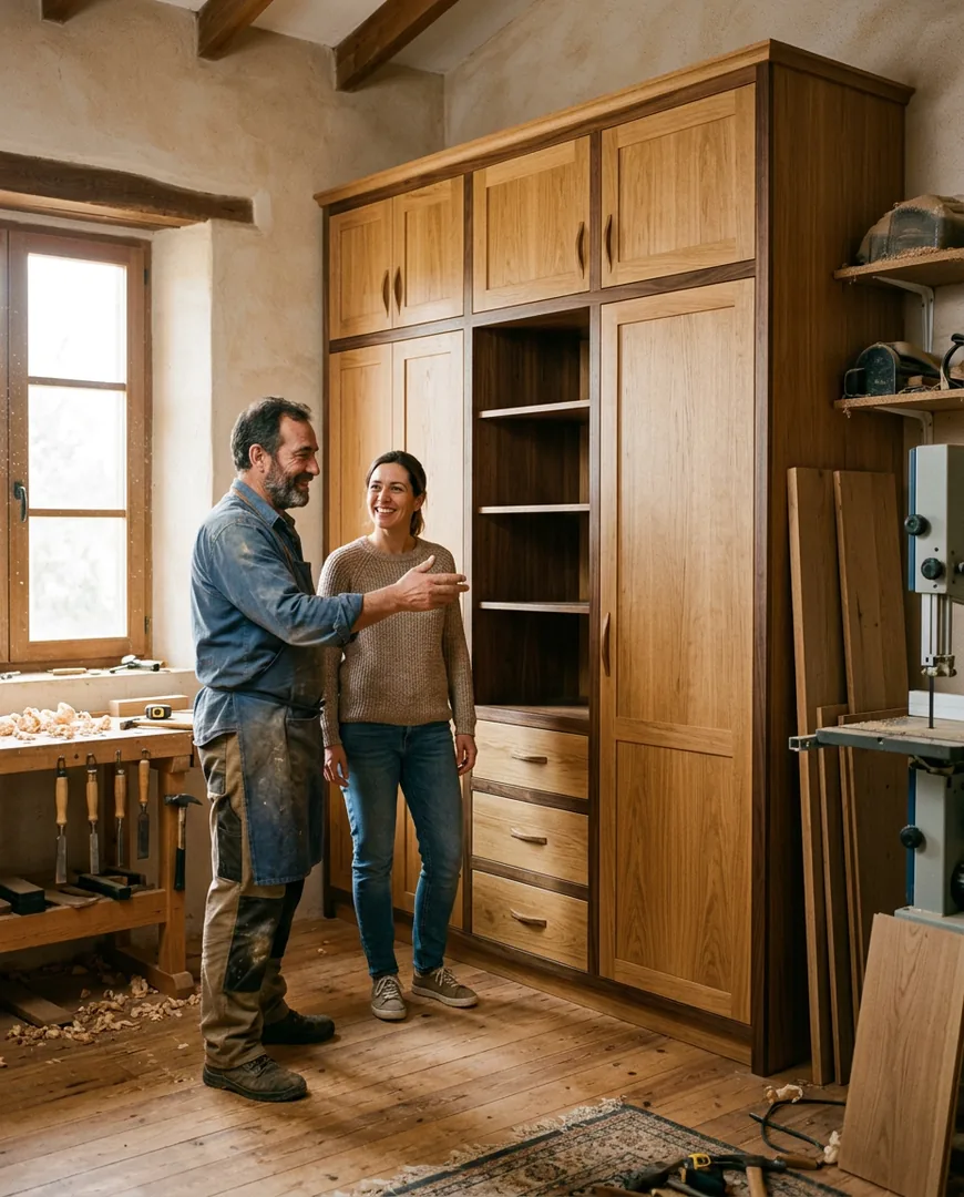 Client and carpenter looking at a finished built-in wardrobe together — Taller Bravo, Valladolid