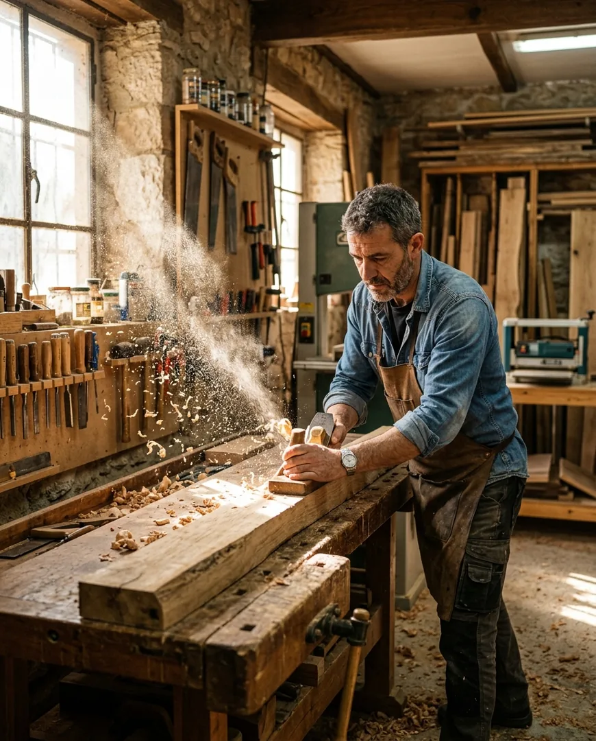 Carpenter in his forties planing an oak board in a sunlit workshop — Taller Bravo, Valladolid