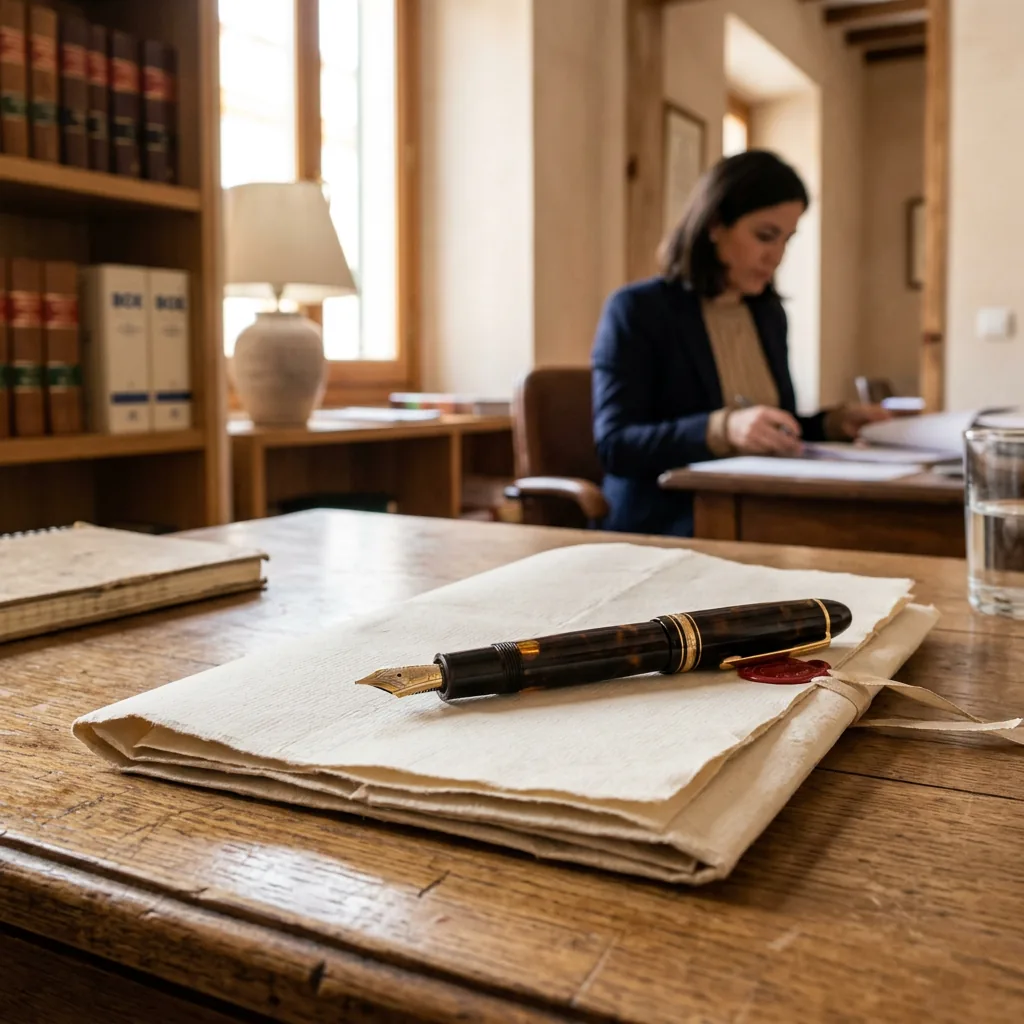 Close-up of a fountain pen resting on a folded legal document — Vega & Marín, Sevilla