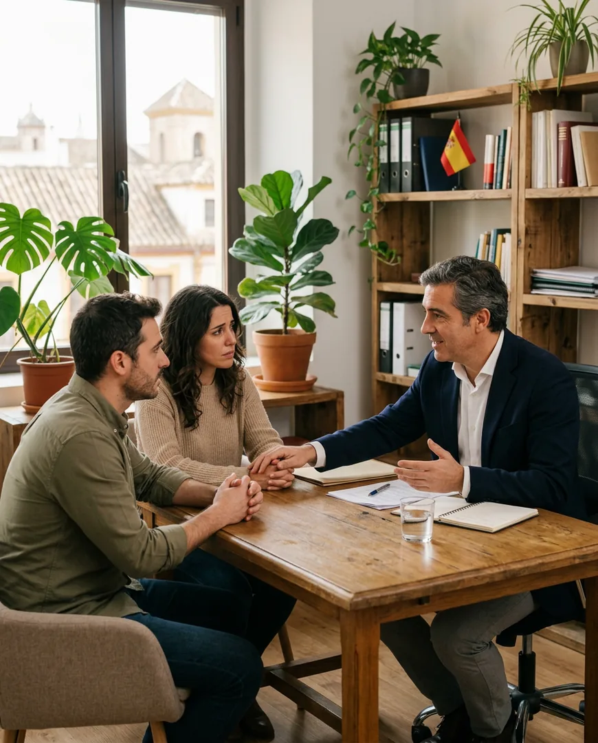 Lawyer explaining a point to a worried couple across a desk — Vega & Marín, Sevilla
