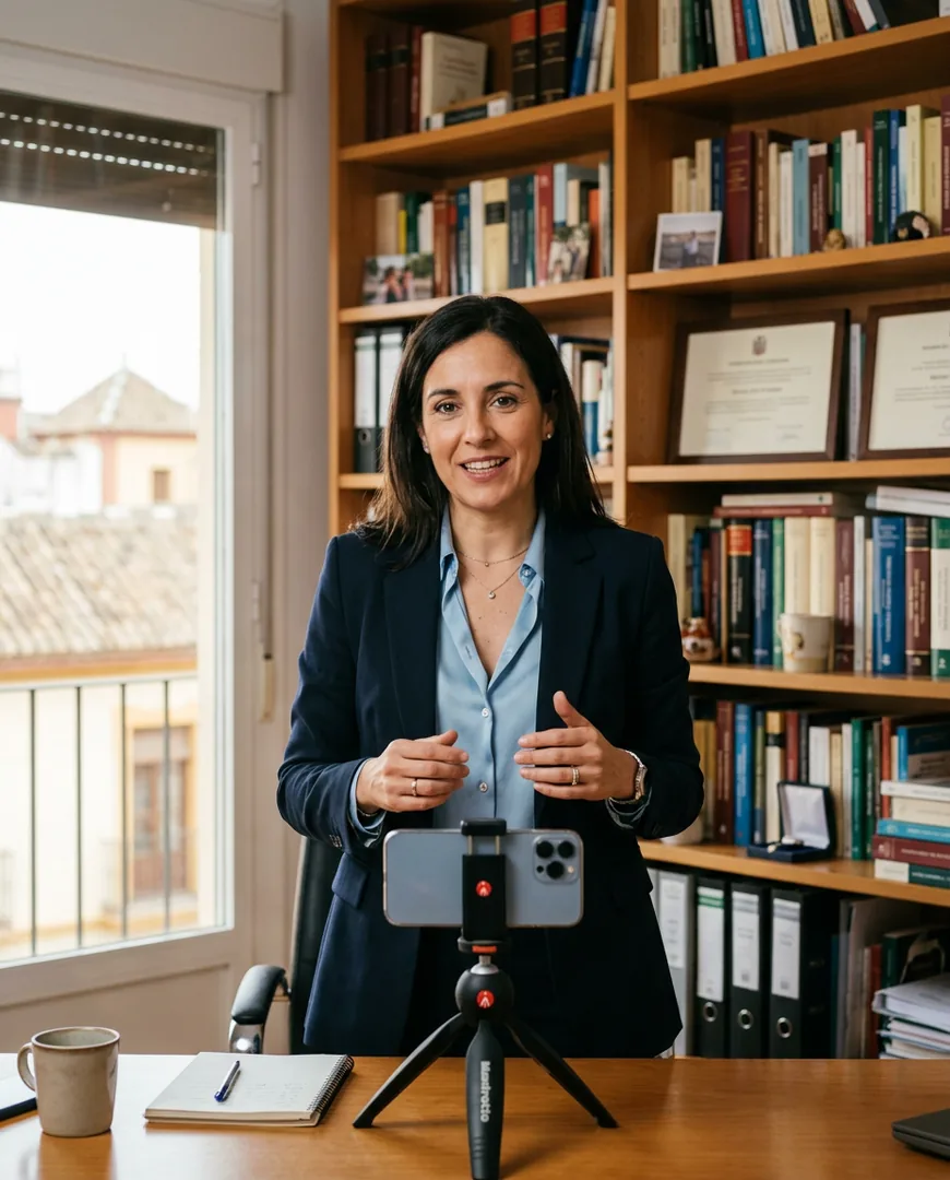 Lawyer recording a short vertical video on a phone tripod in a bookshelf-lined office — Vega & Marín, Sevilla