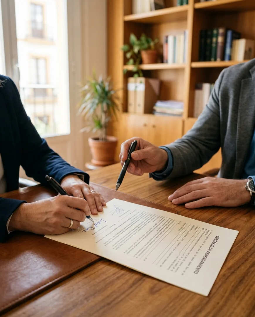 Close-up of hands signing an agreement with a second person's hand offering a pen — Vega & Marín, Sevilla