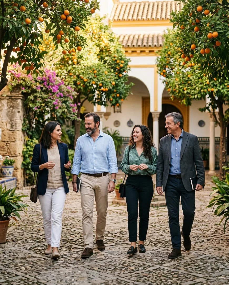 Small legal team of four walking through a sunlit courtyard in Seville — Vega & Marín, Sevilla