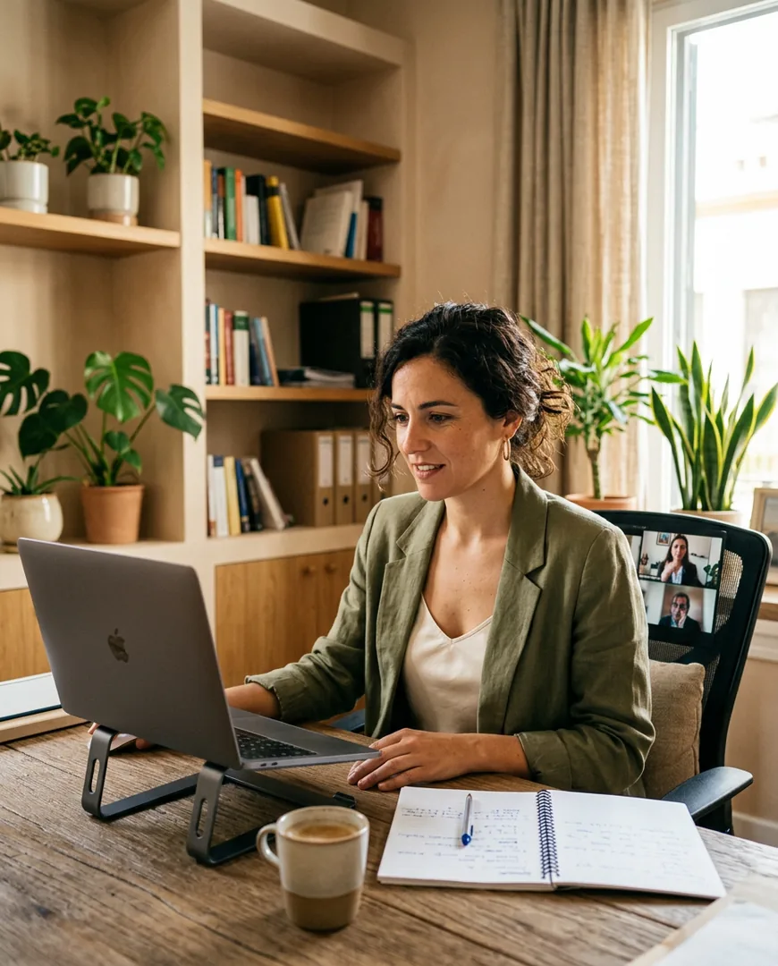 Woman lawyer on a video call at a laptop — Vega & Marín, Sevilla