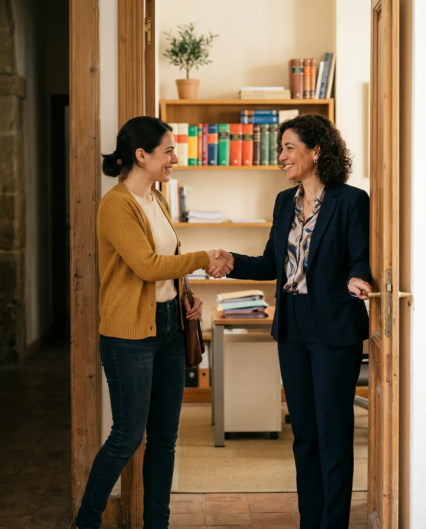 Client and lawyer shaking hands at the office doorway — Vega & Marín, Sevilla