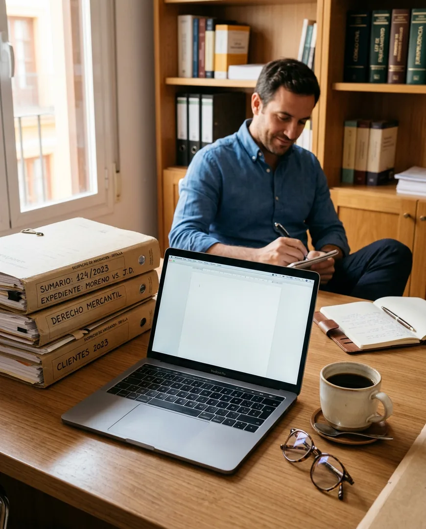Desk detail with a laptop showing a blank document — Vega & Marín, Sevilla
