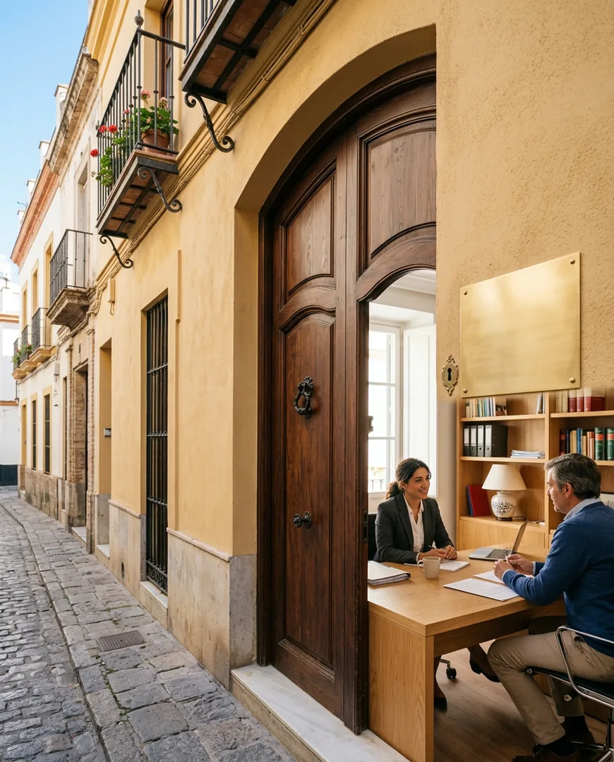 Facade of a restored Seville townhouse with a brass office nameplate (blank) beside a wooden door — Vega & Marín, Sevilla