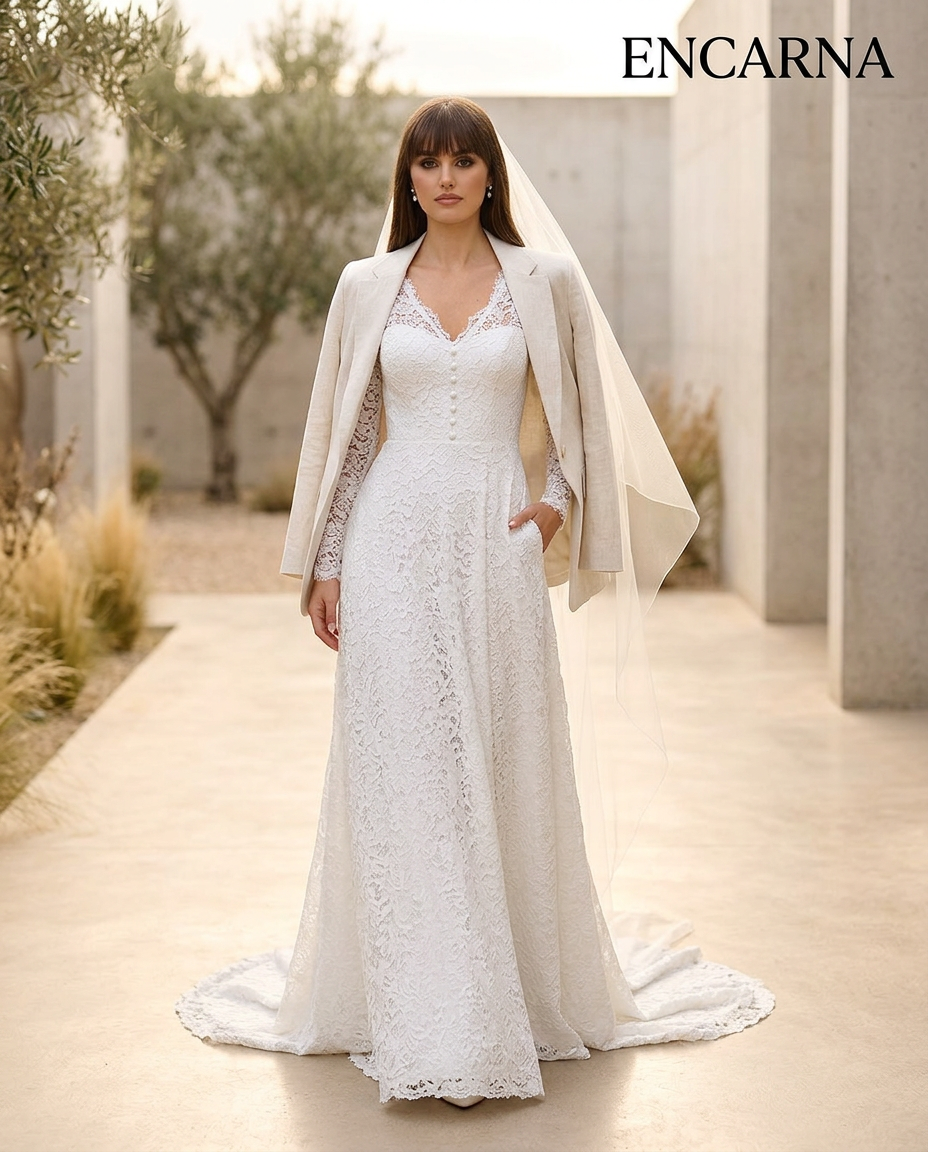 Novia con vestido de encaje y blazer